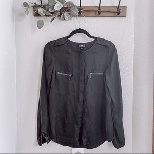 Zipper Detail Black Button Up Blouse